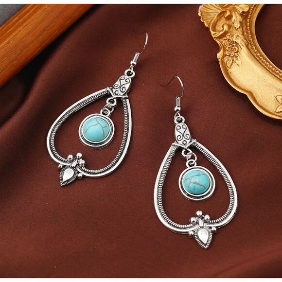 Bohemian Faux Turquoise Teardrop Dangle Earrings Silver Tone Hook Closure - Picture 1 of 11